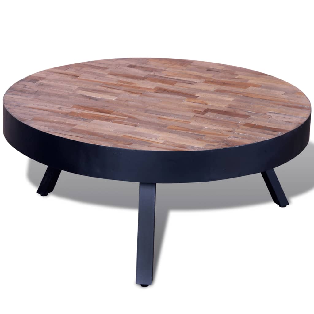 table basse ronde style industriel en bois teck